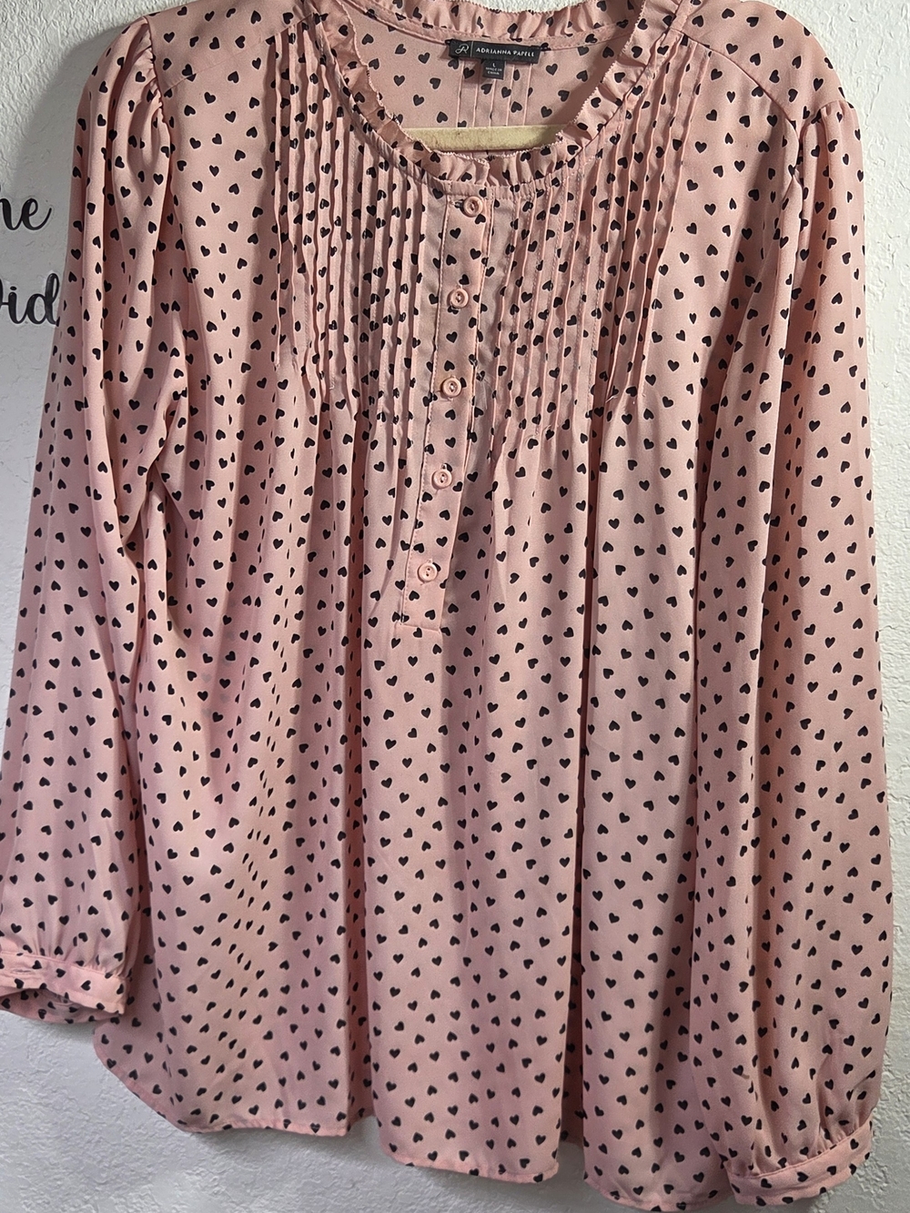 ADRIANNA PAPELL Pink Heart Print Pintuck Pleated Ruffle Blouse Size L